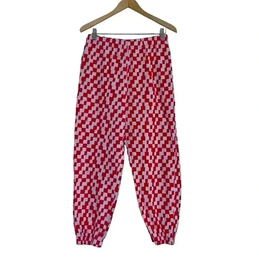 BP Pink and Orange Checker Print Geometric Terry Cloth Sweatpants Women's Size M